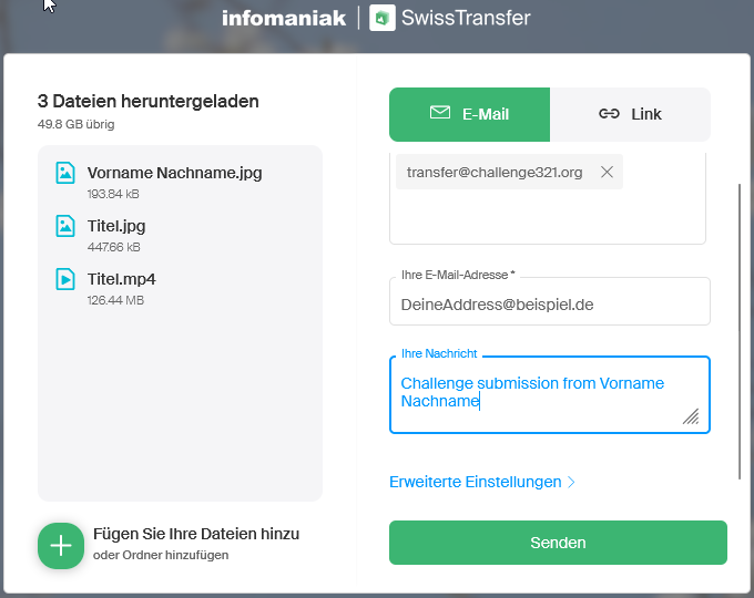 screenshot of swisstransfer form