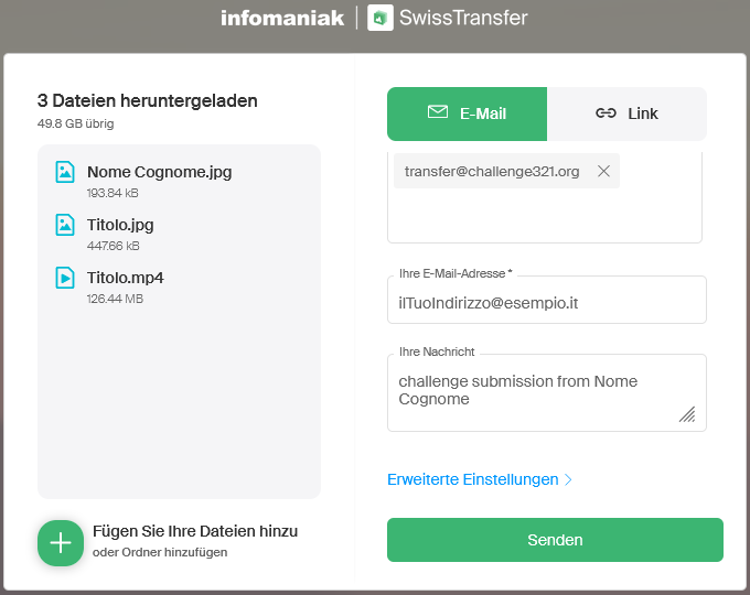 screenshot of swisstransfer form